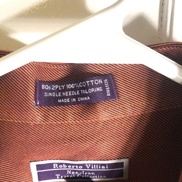Roberto Villini Men's Orange Herringbone Non-Iron Shirt 100% Cotton 16 32/33 - Picture 4 of 8